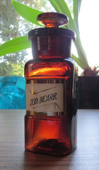 Antique Amber Label Under Glass Soda Bicarbonate Apothecary Bottle photo