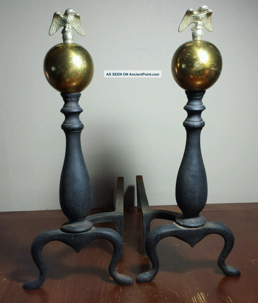 Antique Pair Eagle Andirons Brass & Iron Open Wing Eagles Sitting On Brass Ball Fireplaces & Mantels photo