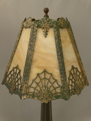 Antique Art Deco 1920 ' S Spider Web Metal Filigree Slag Glass Parlor Boudoir Lamp photo