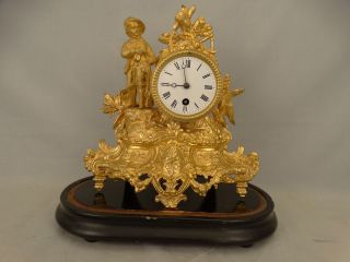 Antique 19thc Victorian French Young Boy Hunter Figural Gold Gilt Mantel Clock photo