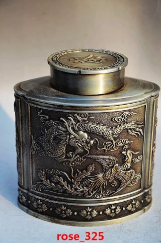 Chinese Silver Copper Handmade Dragon＆phoenix Tea Caddy photo