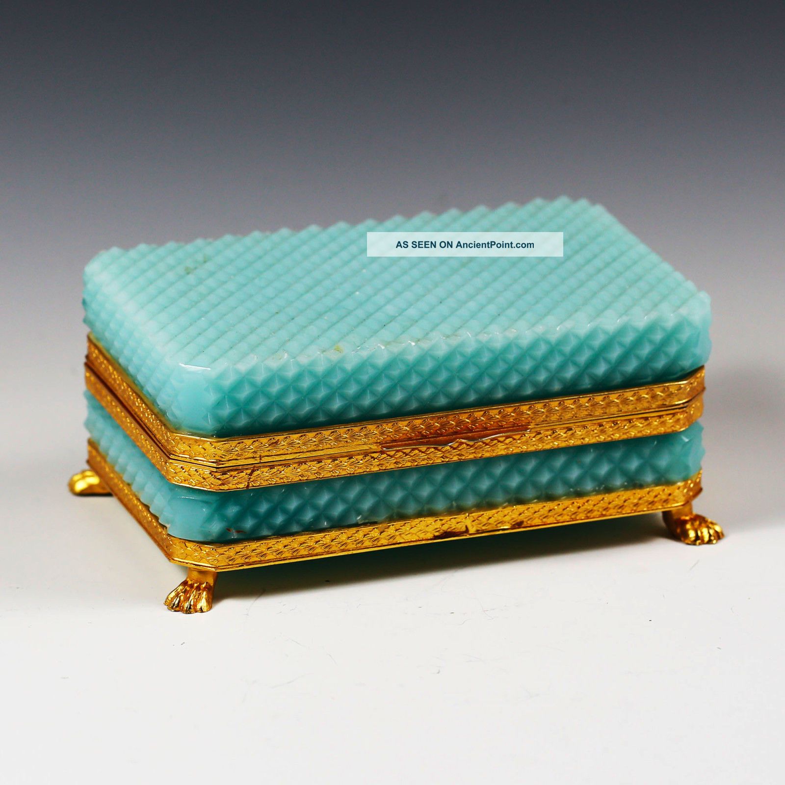 Antique French Light Turquois Opaline Glass Hinged Jewelry Box Casket Diamond Other Antique Glass photo