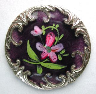 Antique Silver On Brass French Enamel Button Colorful Flower On Purple photo