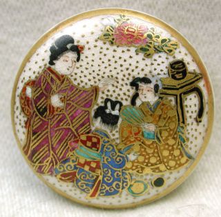 Antique Meiji Satsuma Buttons 3 Women In Colorful Kimonos W/ Gold Accents photo