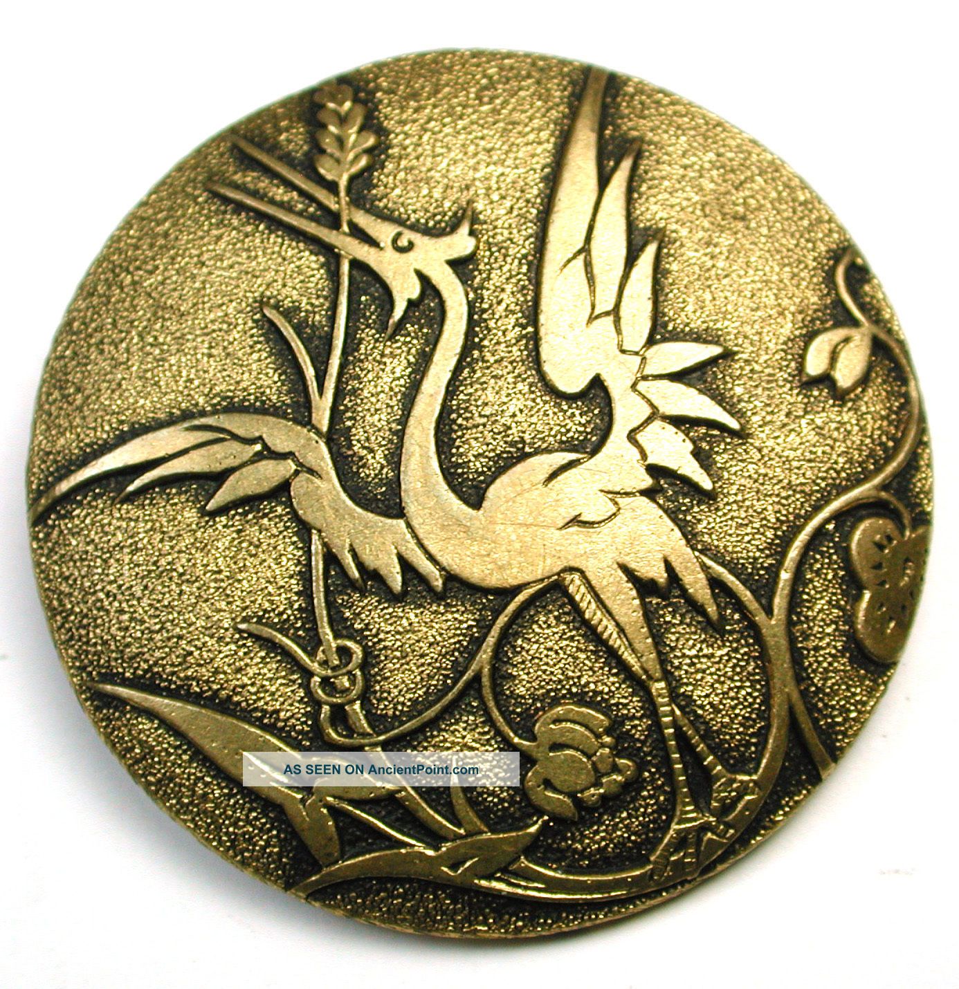 Lg Sz Antique Stamped Brass Button Art Nouveau Crane Bird Design Buttons photo