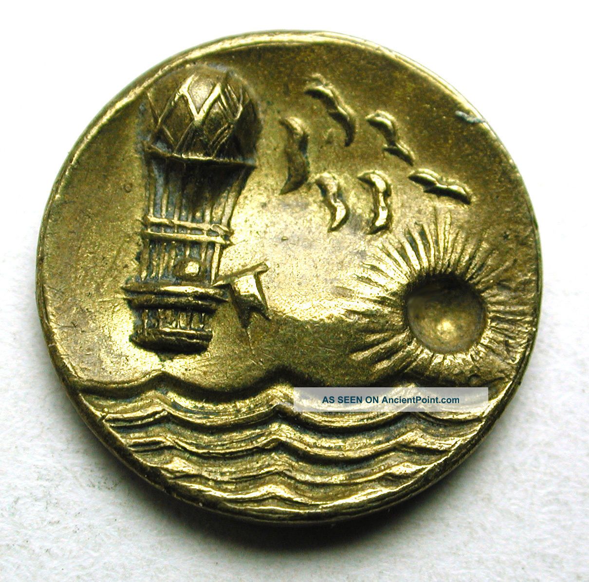 Antique Brass Button Balloon Over Ocean Pictorial W/ Setting Sun & Birds Buttons photo