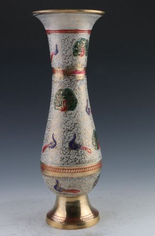 Oriental Vintage Brass Cloisonne Gilt Handwork Painting Peacock Vases photo