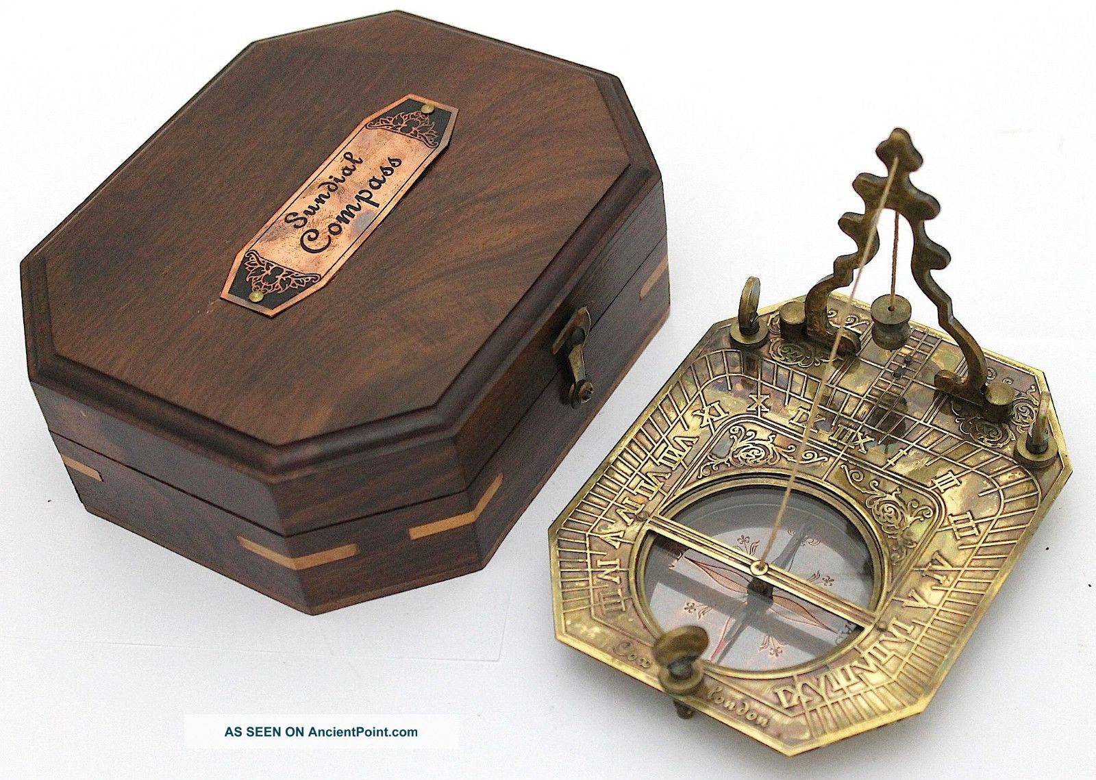 Solid Brass Pendulum Sundial And Compass In Hardwood Box - Brass Sundial Compass Other Maritime Antiques photo