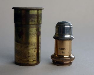 E Leitz Wetzlar Antique Brass 1/12 - Inch Oel Immersion Objective W/brass Canister photo
