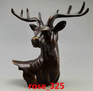 Collectible Decorated Old Handwork Copper Carved Big Delicate Deer Head Statue photo