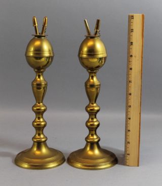 Pair Antique 1840s Brass Whale Oil Lamps W/ Burners,  Nr photo