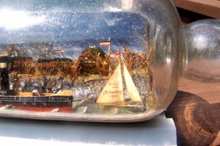 Sign/dated 1913 Hamburg Ship In Bottle Incredibly Painted Scenery Museum Quality photo