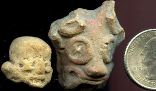 Pre - Columbian 2 Colima Demon Figure Heads,  Ca; 300 Bc - 100 Ad photo