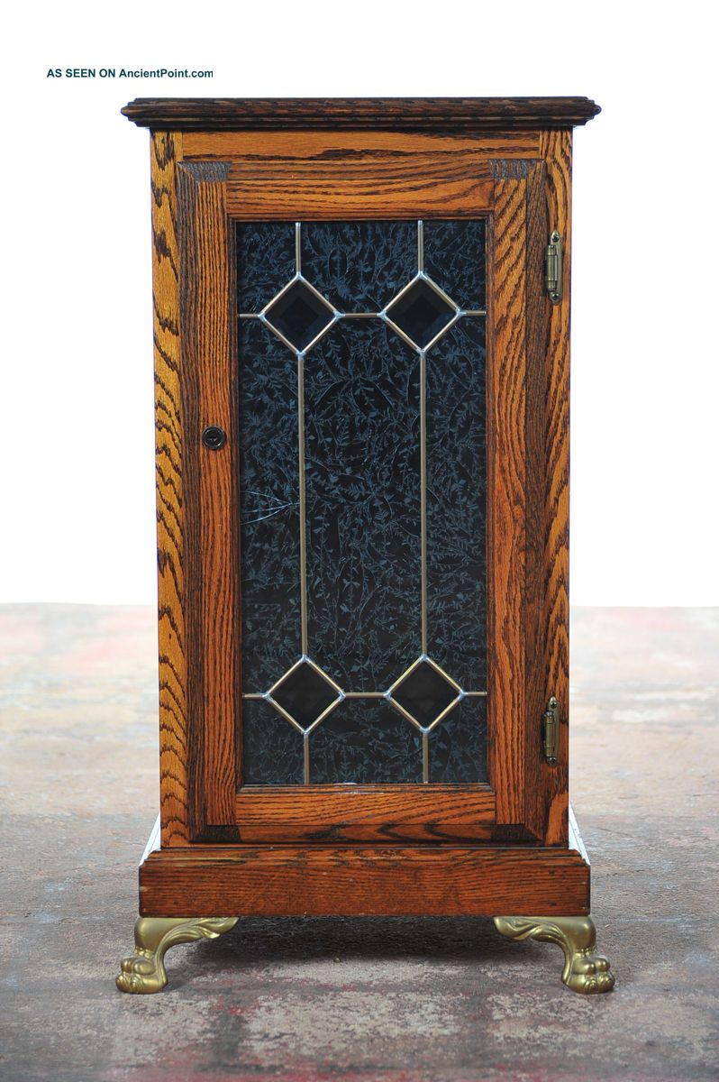 Slot Machine Oak Stand Cabinet W/leaded Glass Door C.  1920 ' S 1900-1950 photo