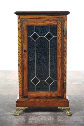 Slot Machine Oak Stand Cabinet W/leaded Glass Door C.  1920 ' S photo