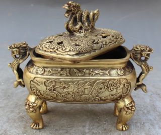 Marked Chinese Old Bronze Dragon Dragons Foo Fu Dog Lion Incense Burner Censer photo