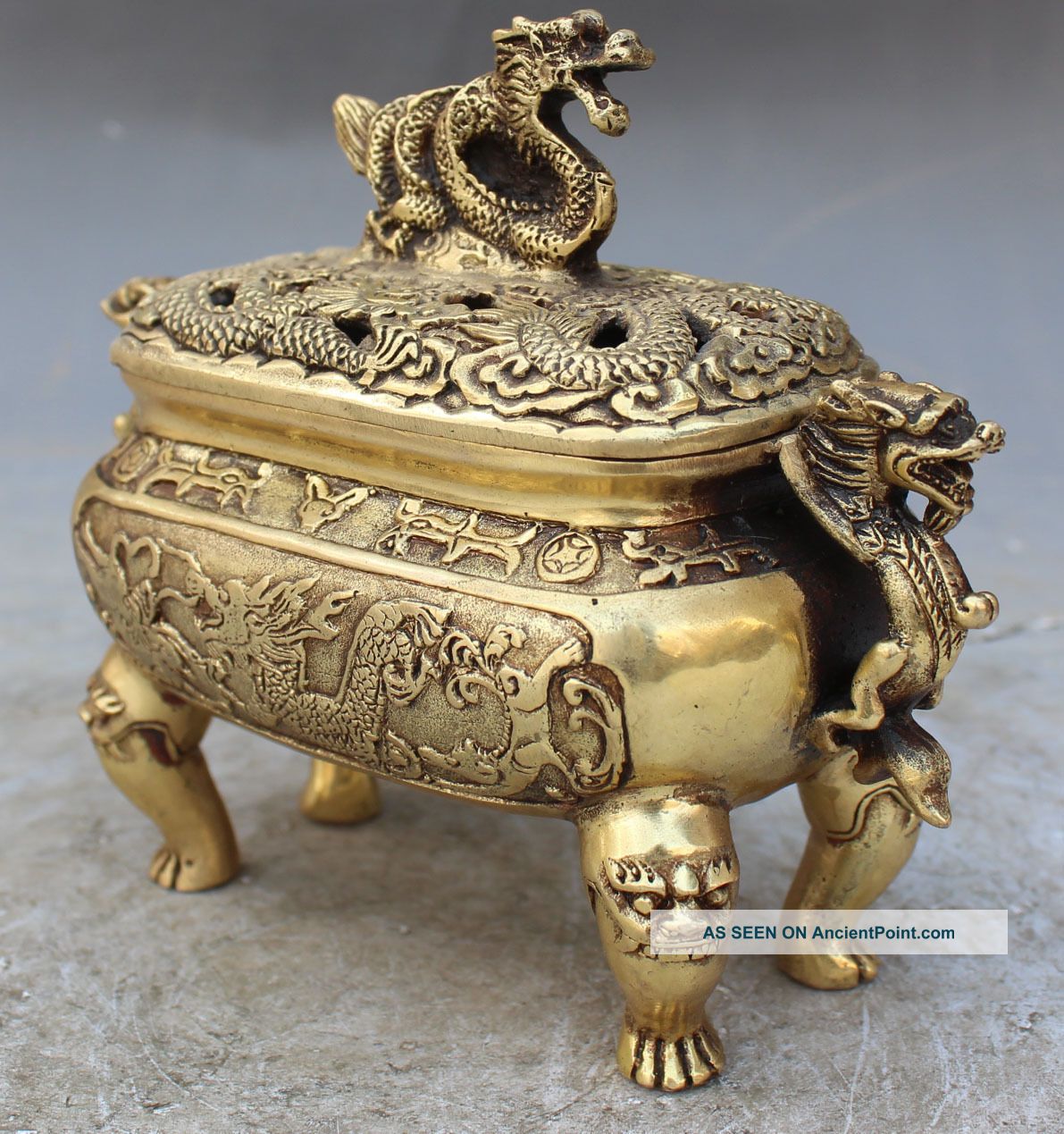 Marked Chinese Old Bronze Dragon Dragons Foo Fu Dog Lion Incense Burner Censer