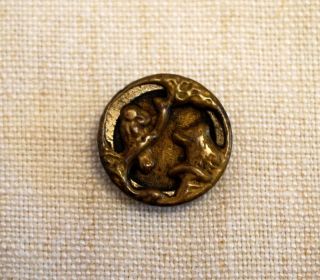Antique Victorian Metal Picture Button Fox Wolf Bird Owl Moon Brass Steel Rare photo
