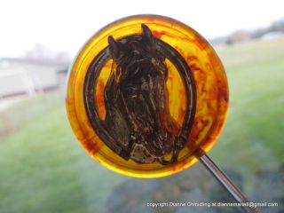 1959 - S – Xl Brass Horse Head In Horse Shoe W Faux Tortoise Background Button photo