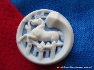1753 - S – Elegant White Horse Jumping Fence Blue Jasperware Button Signed Sr 98 photo