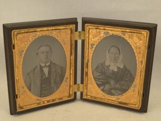 19thc Antique Civil War Era Lady & Gentleman Double Union Case Ambrotype Photo photo