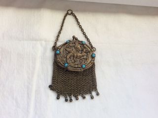 Victorian Chatelaine 1900 Jeweled Brass Griffin Mesh W/ Mirror Purse As Found photo