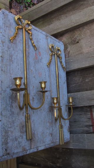 Vintage Pair Mid Century Brass Ribbon Wall Sconce Double Taper Candle Holders photo