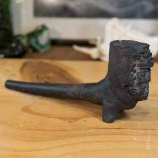 Pre - Columbian Style Black Pottery Effigy Smoking Pipe Vessel Figural Face Piece photo