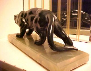 Art Deco Modernistic Jaguar Panther Cat Bronze Statue On Marble Base photo