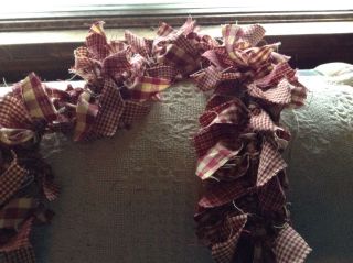 Rag Garland,  Swag Country,  Primitive 6 ' Barn Red And Tan Hand Made From Homespun photo