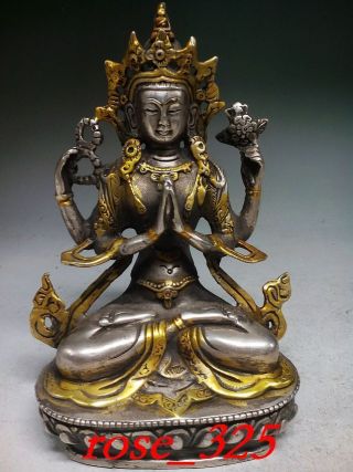 Vintage Tibet Silver Copper Gilt Tibetan Buddhism Statue - - Buddha photo