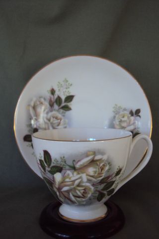Vintage Queen Anne White Roses Cup And Saucer Gold Accent Made In England photo