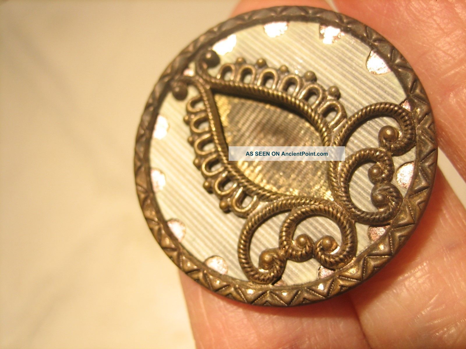 Antique Celluloid In Brass Rim Bud Scrolls Twinkle Border Button Buttons photo