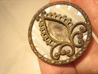 Antique Celluloid In Brass Rim Bud Scrolls Twinkle Border Button photo