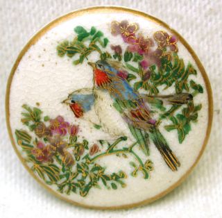 Antique Meiji Satsuma Button 2 Colorful Birds & Flowers W/ Gold Accents photo