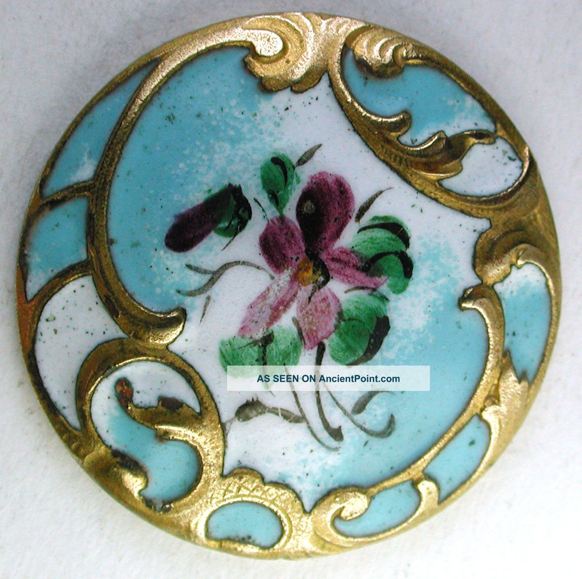 Antique French Enamel Button Hand Painted Floral On Turquoise Buttons photo