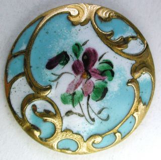 Antique French Enamel Button Hand Painted Floral On Turquoise photo
