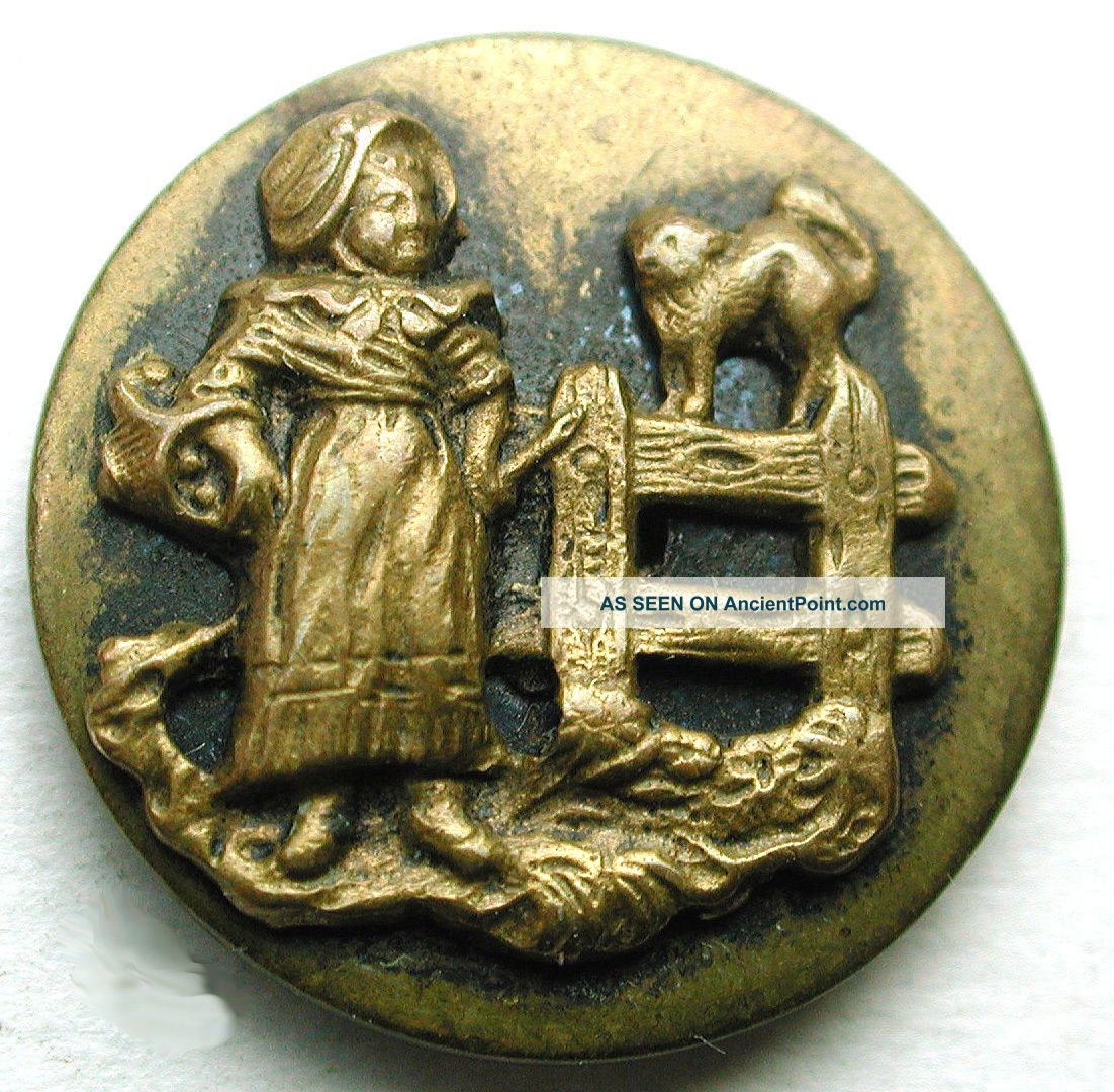 Antique Brass Button Little Girl W/ Cat On A Fence Design Buttons photo