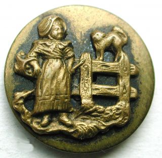 Antique Brass Button Little Girl W/ Cat On A Fence Design photo