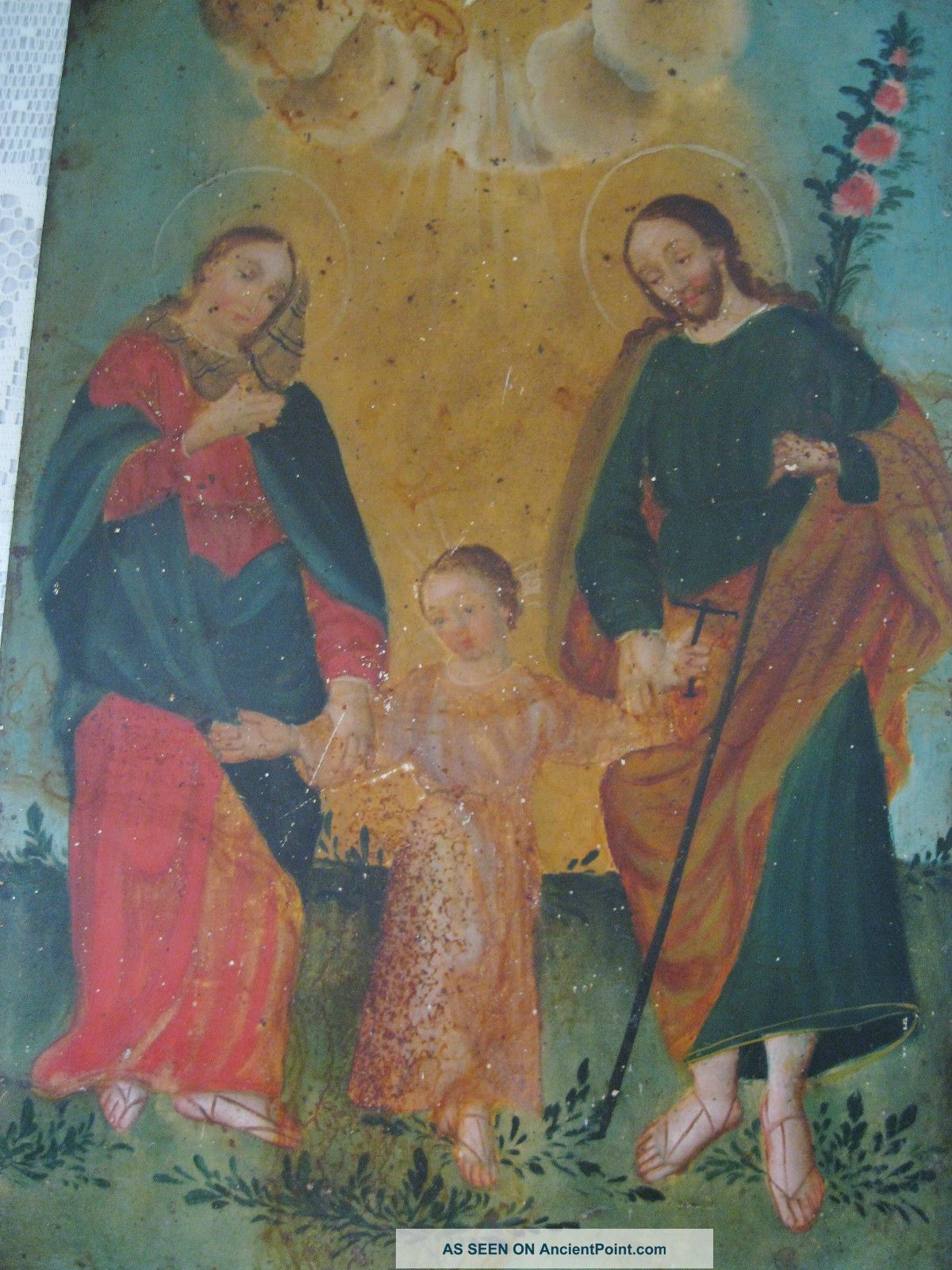 Antique Retablo On Tin Image Of The Holy Family Latin American photo