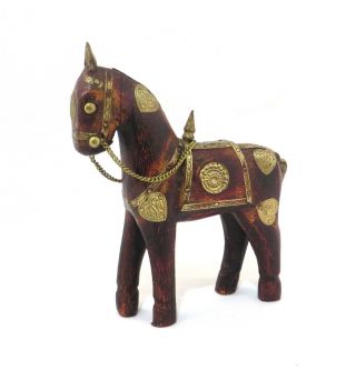 Indian Vintage Hand Made Unique Look Wooden With Brass Fitted Decorative Horse photo