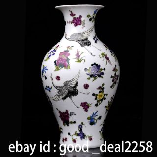 Chinese Colorful Hand - Painted Flowers & Cranes Porcelain Vase W Qianlong Mark photo