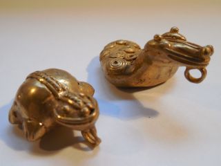 2 Gold Tairona Pendants Turtle Pre - Columbian Archaic Ancient Artifacts Mayan Nr photo