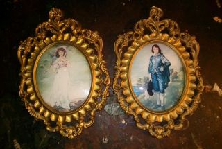Vtg Fancy Ornate Hollywood Regency Oval Gold Plastic Framed Pictures Italy photo