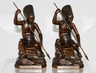 Antique Jennings Brothers Bronze Native American With Spear Bookends J.  B.  2245 photo