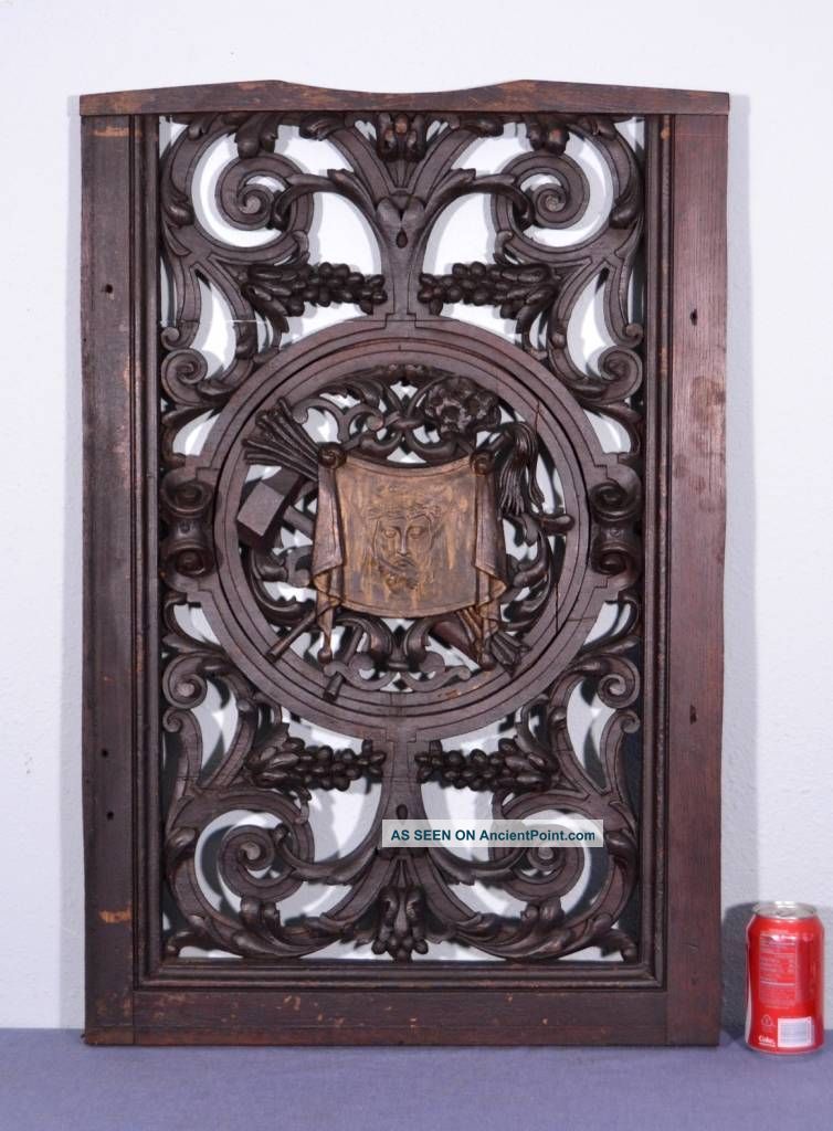 Antique Religious Wood Screen Or Panel Gilded Image Of Jesus Relic (k) Carved Figures photo