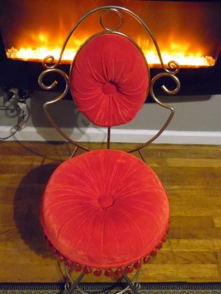 Vintage Vanity Stool Seat Bench Chair Button Tufted Red Velvet Cushions Regency photo