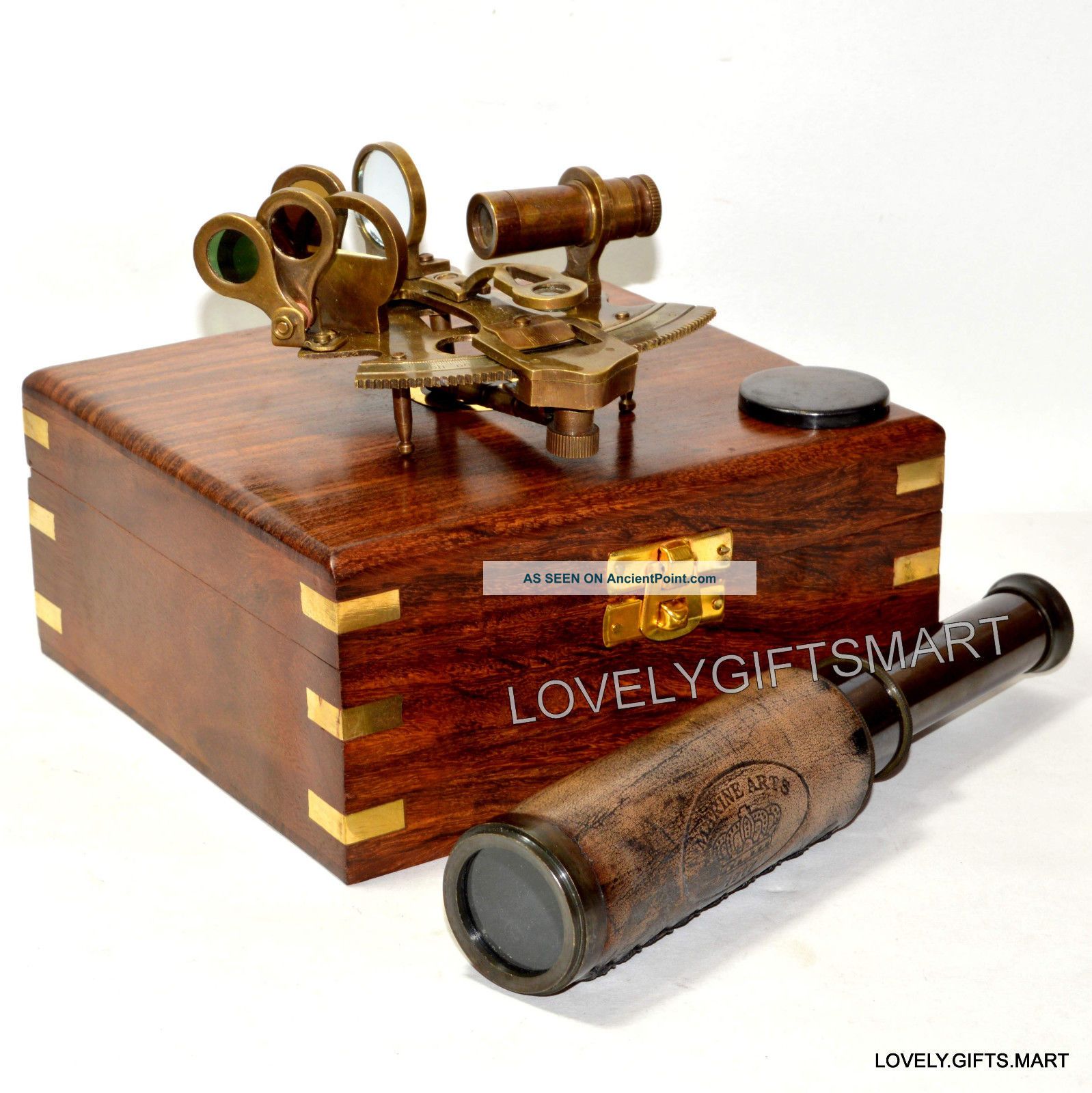 Vintage Antique Style Brass Sextant Brass Telescope With Wooden Box Sextants photo