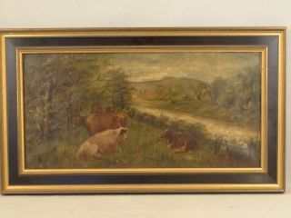 Antique 19thc Primitive Cattle In River Valley Landscape Cow Folk Art Painting photo
