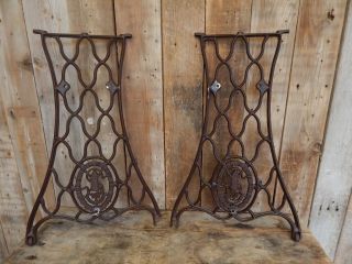 2 Antique Industrial Cast Iron Machine Table Legs Old Vintage Primitive Decor photo